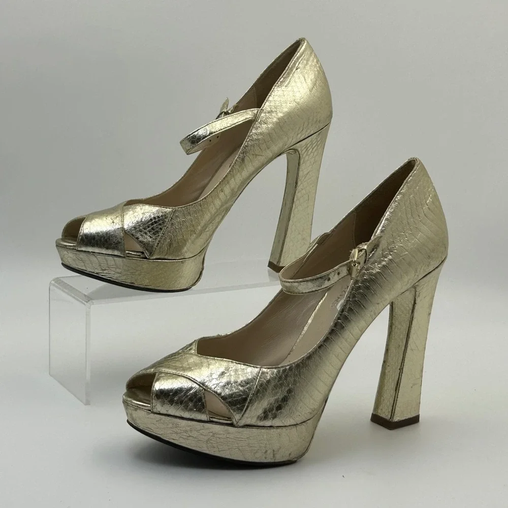 KORS Michael Kors Platform Pumps Womens‎ 8M Gold Metallic Leather Mary Jane Glam
